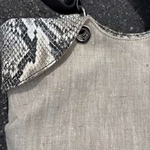 Francesco Biasia Linen Baguette Bag Snakeskin Trim Convertible Strap Tan