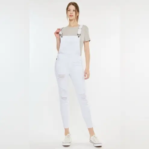 KanCan Women’s White Distressed Adjustable Stretch Overalls Size Medium