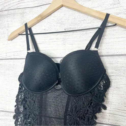 Sheer Black Lace Bustier Lingerie with Floral Appliqué and Garter Straps Size XL