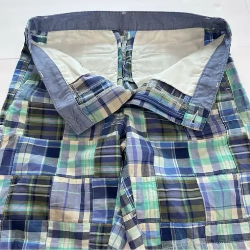 LL Bean Green Blue Plaid Madras PatchworkFavorite Fit Bermuda Shorts Size 10