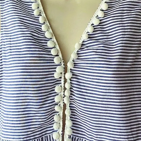 Newbury Kustom Blue & White Stripe Pom Pom Trim Boho Blouse ~ Women's MEDIUM