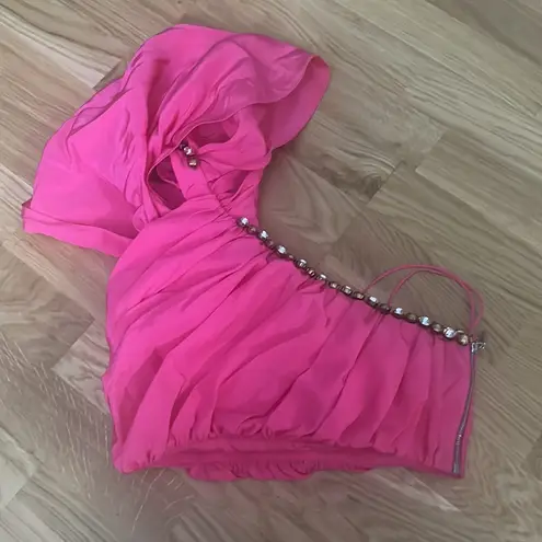 Area NYC magenta pink one shoulder rhinestone embellished crop top Size XS