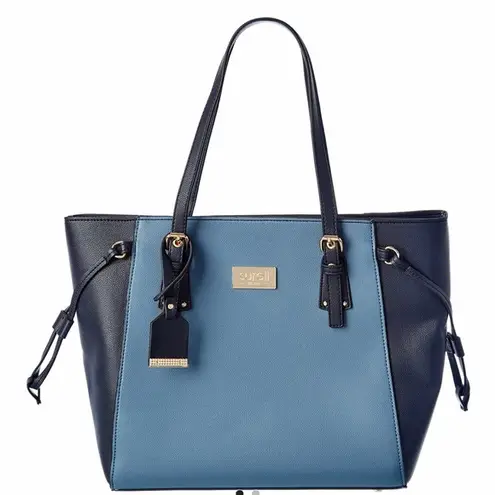 Surell Vegan Leather Tote blue & black color block adjustable handles NWT