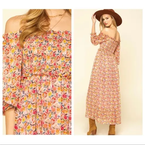 Lili Sidonio woven midi dress ice cream pink floral off the shoulder Large NWT