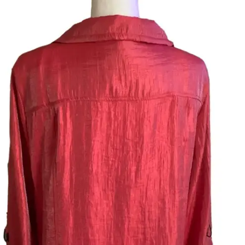 Elementz Blouse Jacket Shacket Orange Coral Shimmer Roll Tab Sleeves Large