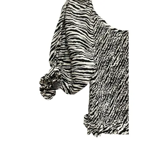 Faithfull the Brand Tani Smocked Linen Blouse Size 8 Zebra Puff Sleeve Ruffle