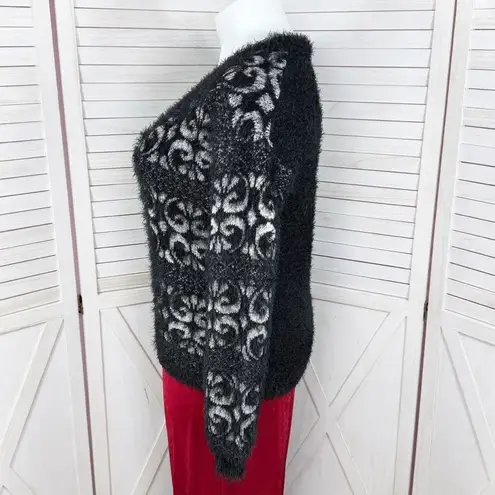 Celsius Premium Scroll Print Fuzzy Eyelash Knit Sweater Black XL