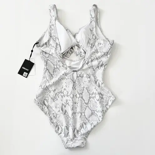 DKNY [] Snake Print White Gray Peek-A-Boo Twist Front One Piece Swimsuit NWT