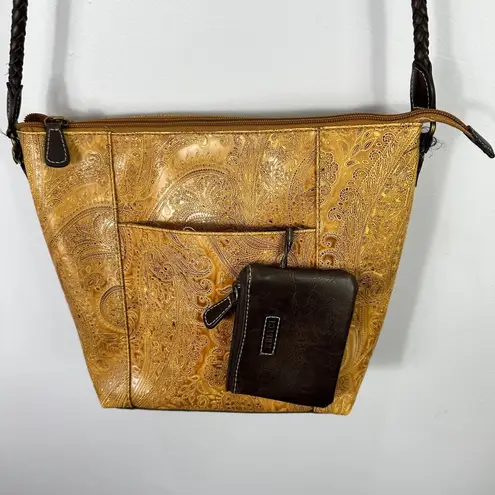 Relic Embossed Crossbody Bag Brown Faux Tooled Leather Western Boho Rustic 70s