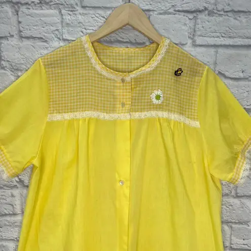 Vintage Archdale Maid House Coat Robe Button Front Yellow Gingham Bee M Lace Size M