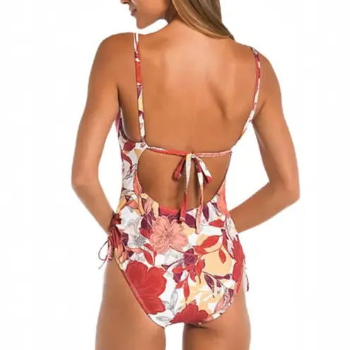 Mynah Floral One Piece Swimsuit Size XXL Plunge V Neck Tie Back Rust Pink Yellow Red - Image 7