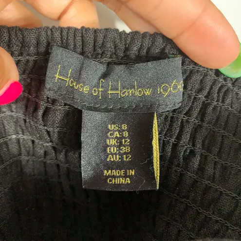 House of Harlow 1960 Black Linen Blend Puff Sleeve Crop Top Size 8 Square Neck