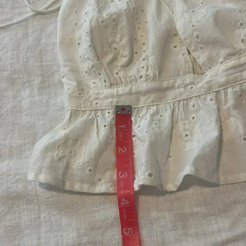 White Cotton Eyelet Peplum Crop Top Criss Cross Back Straps Size Small