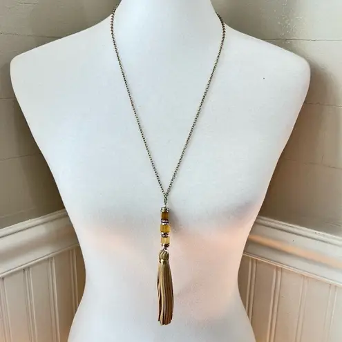Bohemian Long Necklace with leather, beads, bling, tassel accents Brown