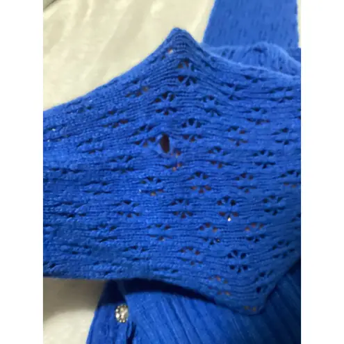 Knitted & Knotted Blue Crochet Knit Puff Sleeve Cropped Cardigan Sweater Womens