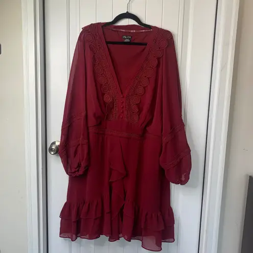 City Chic red romantic embroidered sweetheart ruffle long sleeves love dress 3X