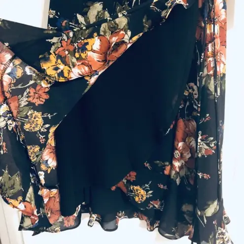 June and Hudson Wrap Mini Dress Floral Print Black Orange Brown Size L NWT $90