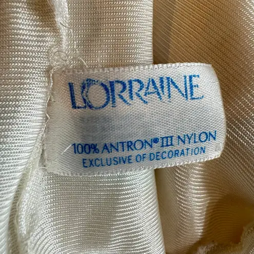 Vintage 80s Nightgown Cream Satin Quilted Embroidered Flowers Made in the USA Green Size M