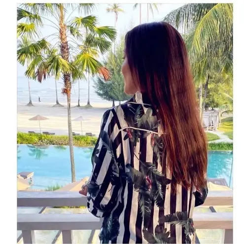 Revolve  Plush Tropical Black White Striped Shirt and Short Sleep Set Leaf Print