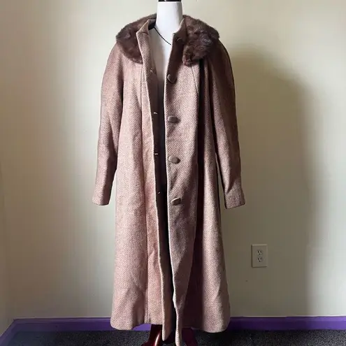 Vintage 60s Pure Wool Swing Coat Button Down Tan Brown Fur Collar Medium Brown