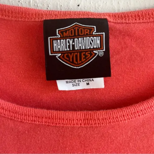 Harley Davidson Harley-Davidson Tee Coral Crew Neck Black Metallic Logo Top Sz M EUC Meredith NH