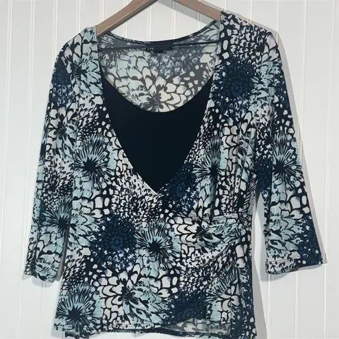 Y2K I.N Studio Floral Wrap Blouse Top L Blue Black Officecore Retro Workwear USA Size L