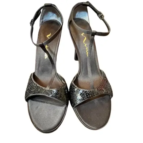 Nina High Heel Sandals Black Satin Sparkle Formal Sequin Heels 8.5
