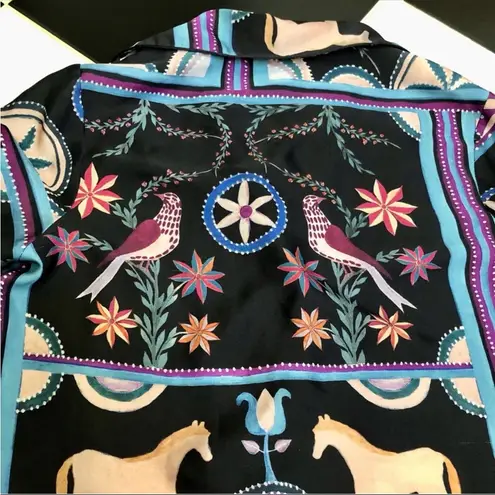 Patbo Satin Cordel Print Scarf Pattern Short Sleeve Button Down Peacocks Multi S