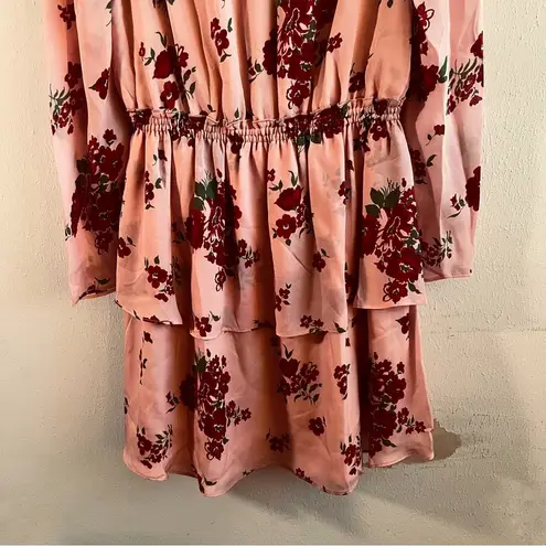 Julie Brown Dress Gabe Floral Print Silk Ruffle Mock Neck Tiered Mini Sz L NWT