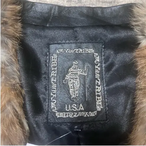 My Tribe Black Leather & Brown Knitted Rabbit Fur Waterfall Vest Size Small