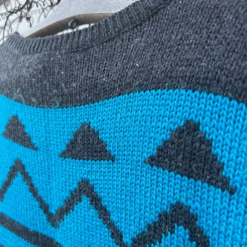 Vintage 80s rrrruss Sleeveless Sweater Art Deco Chevron Blue Black Wool Blend Size L