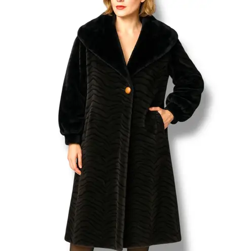 Vintage Black Brown Faux Fur Zebra Print Long Coat Oversized Collar Small Warm