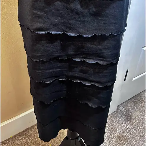 LINO USA 100% Linen Tiered Scalloped Ruffle Sleeveless Shift Midi Dress Sz L Black Size L