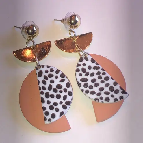 Geometric Gold Tone and Peach Polka Dot Clay Boho Earrings