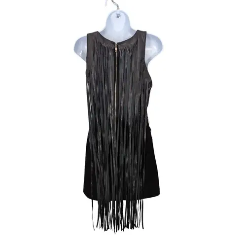 Nasty Gal  Black Leather Suede Sleeveless Mini Dress Long Fringe Mesh Back Small