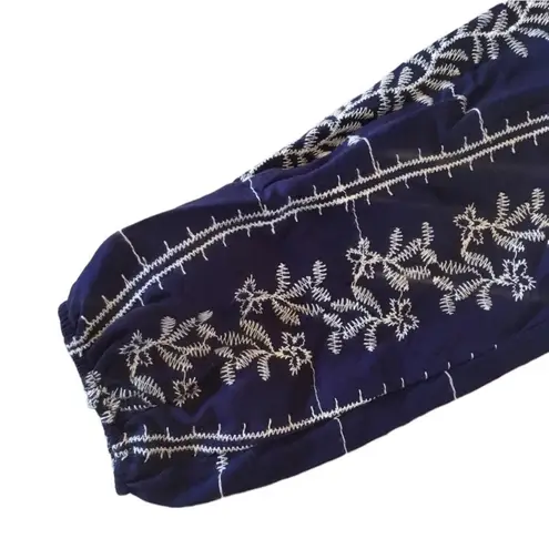 Vintage Havana EMBROIDERED BLUE WHITE RAYON LONG SLEEVE BOHO ROMPER M