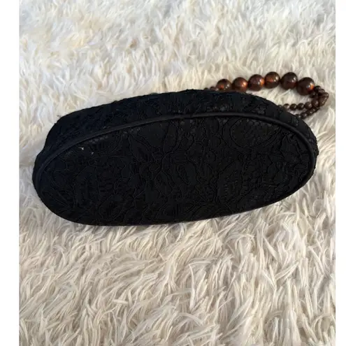 Vintage 1940 Black Lace Kiss Lock Handbag with Beaded Handle Gold Ball Closure