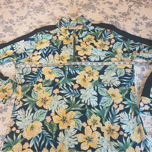 Stella Parker Mock Neck Yellow and Navy Tropical Print Sun Dress Size Large Blue