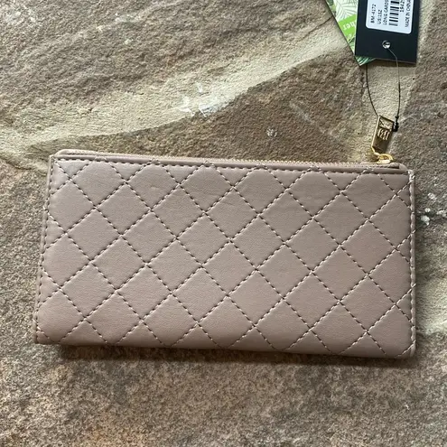 Badgley Mischka Taupe Quilted Cards Wallet vegan leather gold logo hardware