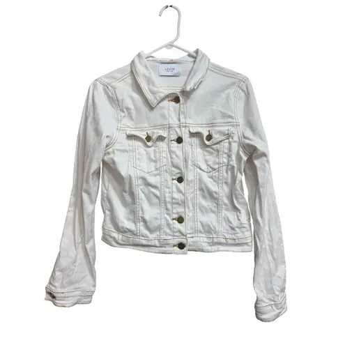 LEGOE HERITAGE Maternity Cropped Denim Jacket Size 0 Gold Stitching Button Front White