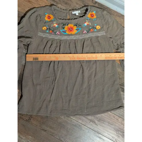 JODIFL Brown Embroidered Floral Crinkle Long Sleeve Top - Size M