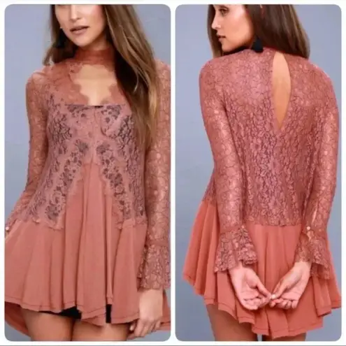 Free People  Tell Tale Dusty Mauve Lace Tunic Dress, size Xs