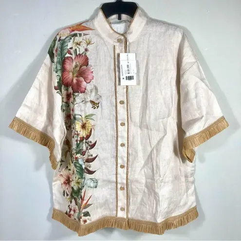 Zimmermann Lexi Tropical Floral Raffia Trim Button Up Shirt Ivory Palm 10 NWT