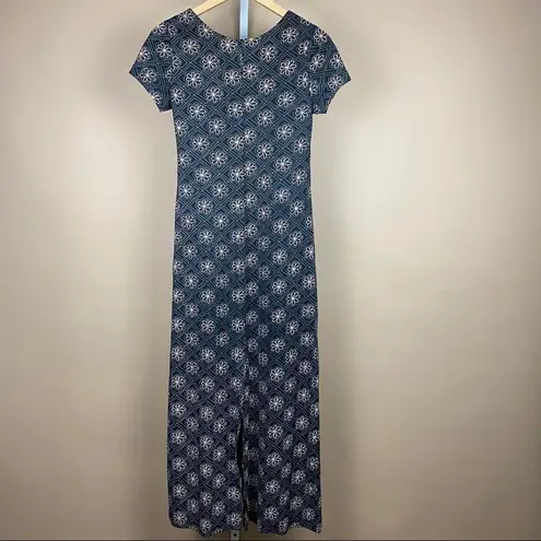 Vintage Boho Small Maxi Daisy Crewneck Short Sleeve Dress Hippie 90’s Formal Black