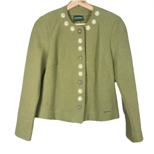 Geiger Wool 2 Piece Green Embroidered Floral Vintage Skirt Jacket Set Size 34