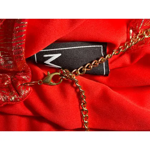 MSK Red Metallic Gold Pleated Halter Maxi Dress Women's 14 Formal Evening Gown