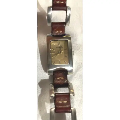 Fossil ES1117 Rectangle Gold Tone Face Brown Leather Link Watch Women