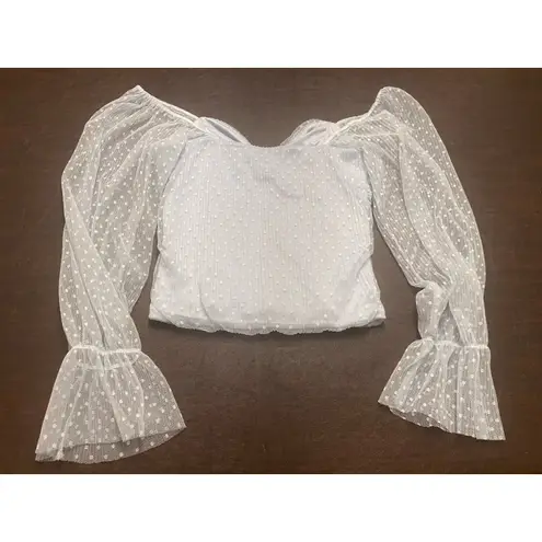 Madi Mase Ice Blue Swiss Dot Mesh Ruched Off Shoulder Top Size M Sheer Romantic Size M