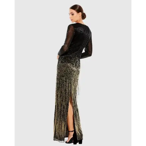 Mac Duggal NWT Size 4 Black Gold Beaded Fringe Gown