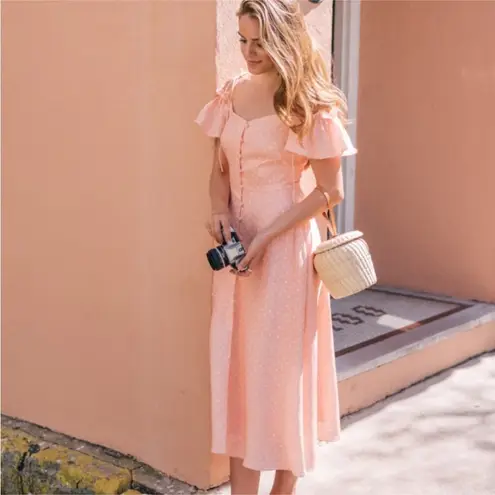 Gal Meets Glam Julia Dress Pink Polka Dot Off Shoulder Midi Size 14 Linen Blend